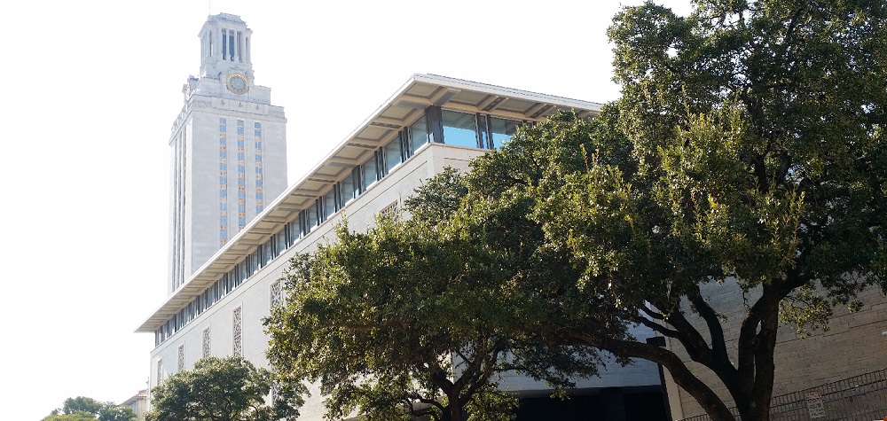 View of the UT tower overlooking the Flawn Academic Center