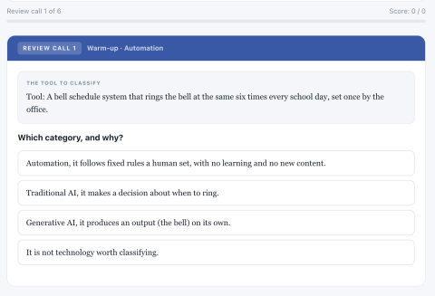 Course screen: Review Call warm-up activity classifying a technology tool