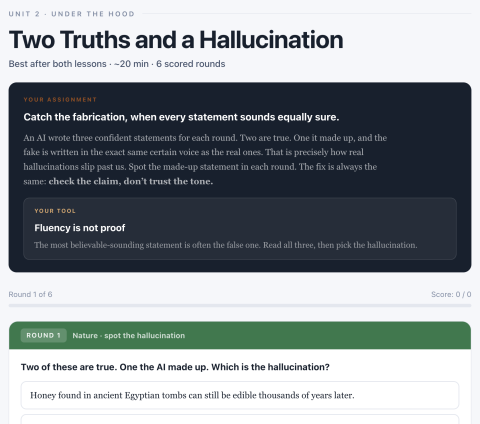 Course screen: Two Truths and a Hallucination game for spotting AI fabrications