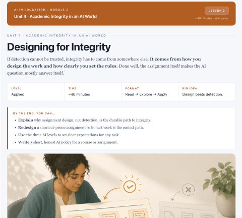 Course screen: Designing for Integrity lesson on academic integrity in an AI world