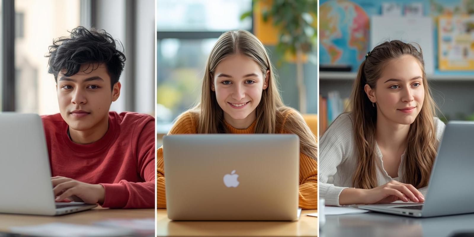 three photos, each of a student sitting at their computer attending onlin school, AI generated