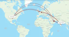 Global map showing flight paths from Dallas to Chennai