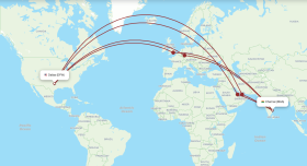 Global map showing flight paths from Dallas to Chennai