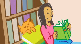 Digital illustration of a girl reading with her cat, by her bookcase