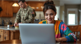 AI image of a young woman attending online high school with her military dad in the background in fatigues making breakfast