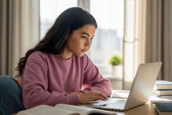 Girl at computer in pink sweatshirt