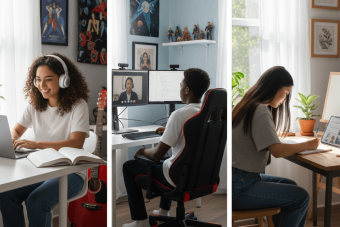 An AI generated image of 3 students, each in their rooms, attending online high school