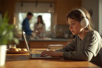 A photorealistic picture of a family with a high schooler attending online class at the kitchen table and the parents in the background..jpg