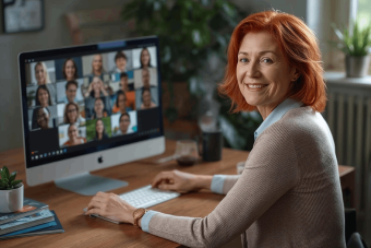 AI image of a teacher at her computer where you see her online class.