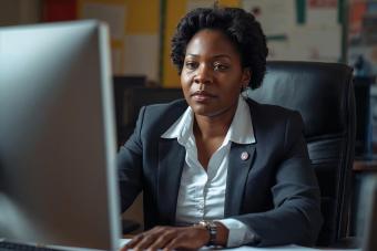 A school administrator works at her desk in a school office, reviewing materials on a computer in a professional and focused setting.