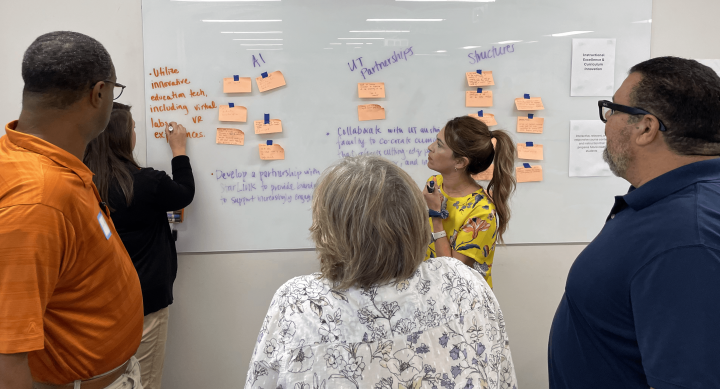 Staff gathered at whiteboard for strategic planning