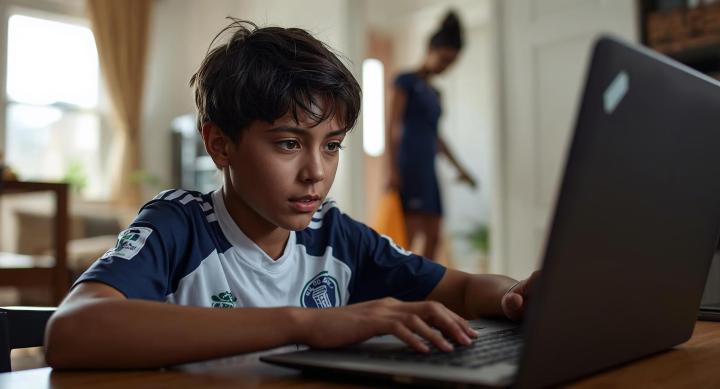 AI image of a boy in his soccer jersey taking an online test with his mother in the background.