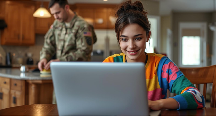 AI image of a young woman attending online high school with her military dad in the background in fatigues making breakfast
