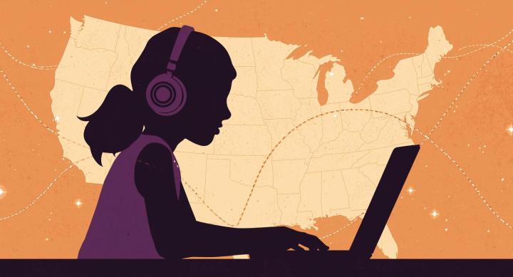 AI illustration of a girl at a computer in front of a map of the U.S.
