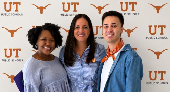A community of social workers support UT Public Schools. From left to right Deja Gamble, the new UT Elementary/UTUCS social worker; Andrea Menchaca, School of Social Work clinical professor; and Luke Kertcher, the new UTHS social worker. 